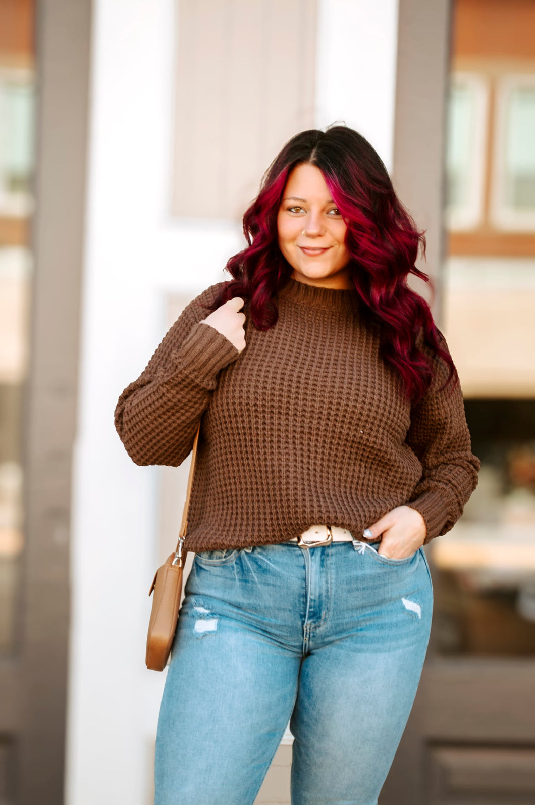 Brown Waffle Knit Sweater