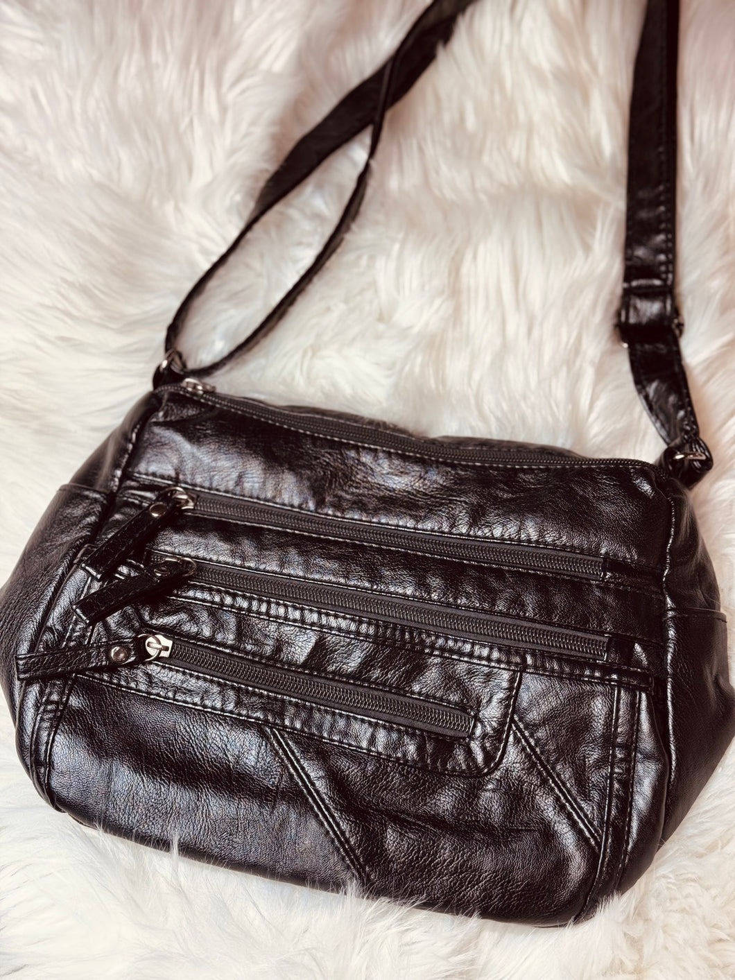 Vegan Leather Multi Zipper Pocket Crossbody Shoulder Bag