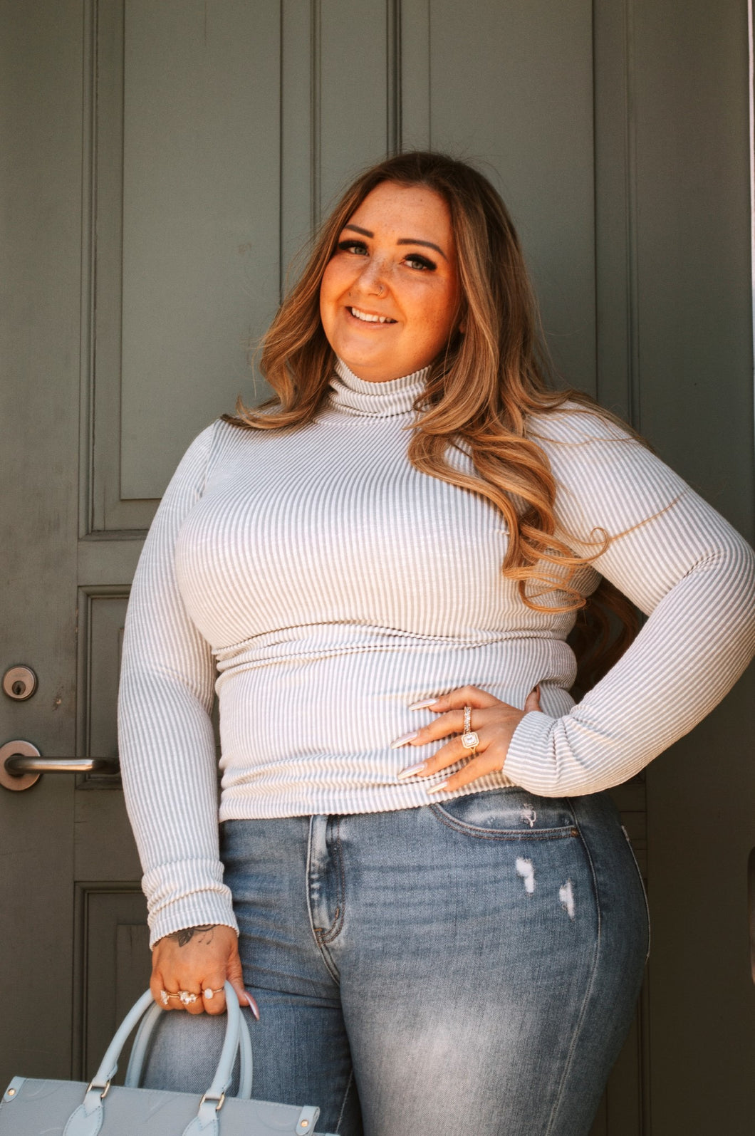 Grey Striped Turtle Neck Top