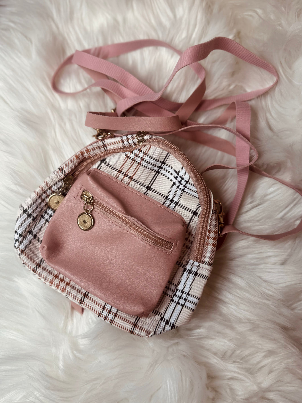 Pink Plaid Backpack Crossbody