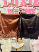 Load image into Gallery viewer, High Waisted Satin Lace Trim Mini Skirt
