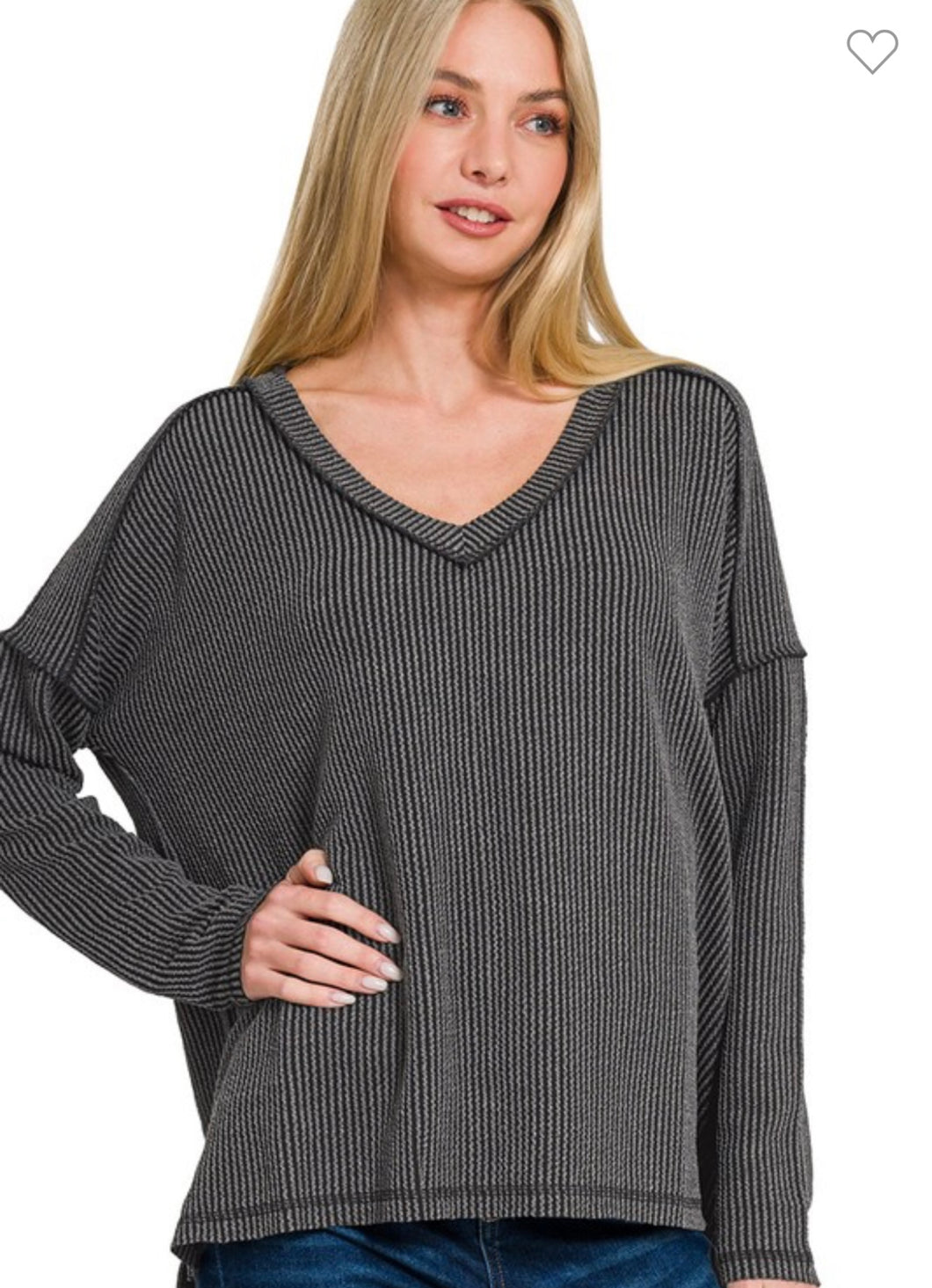 Ribbed V Neck High Low Sweater