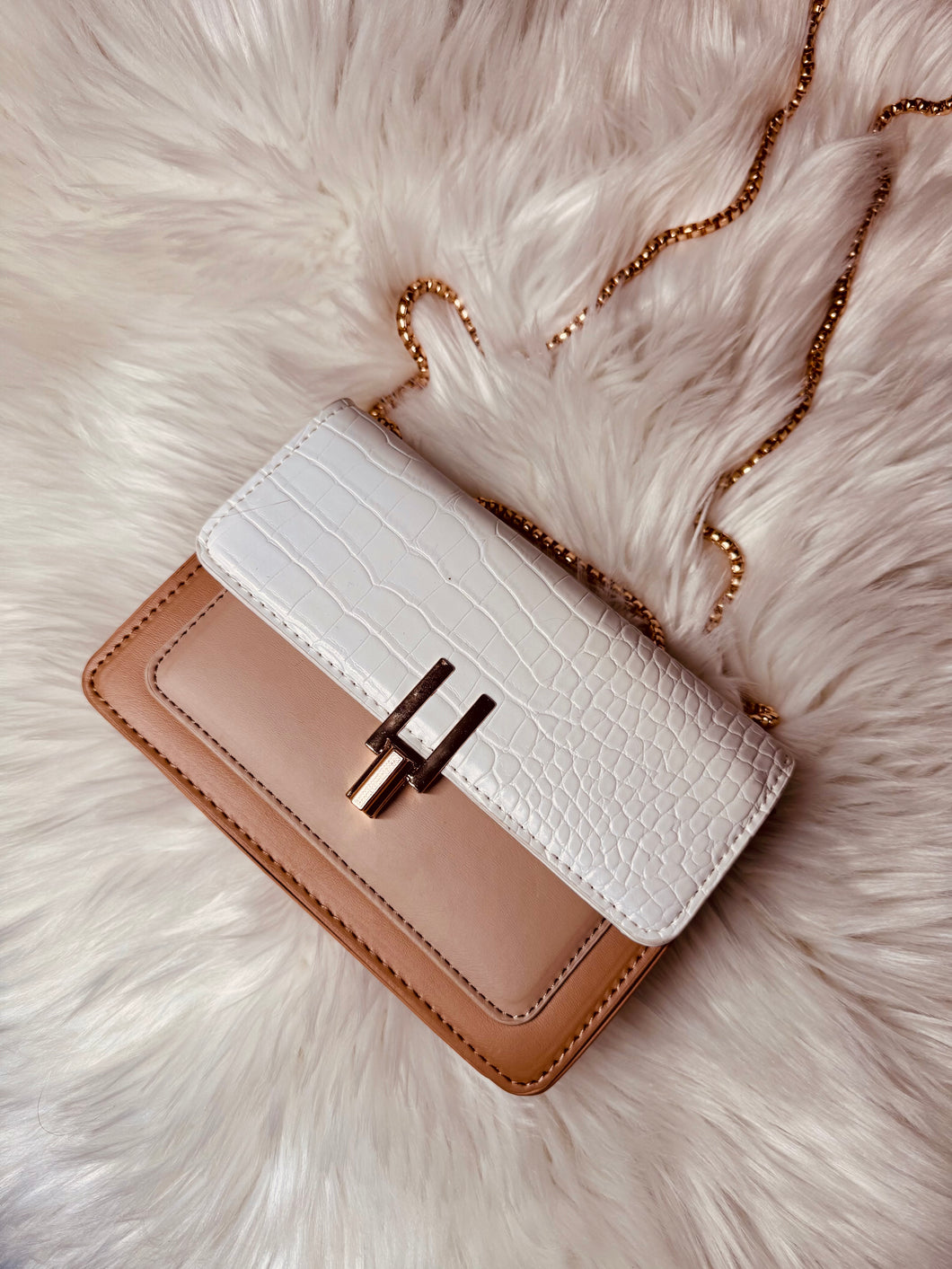 Beige and White Chain Crossbody
