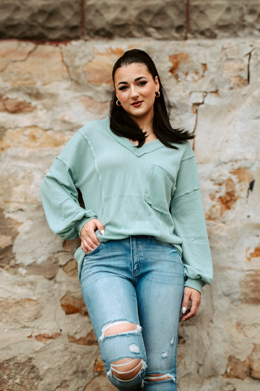 Waffle V Neck Long Sleeve Top